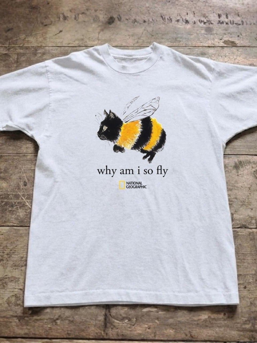 Gildan White Short Sleeve Tee with Black & Yellow Bee-Cat Graphic